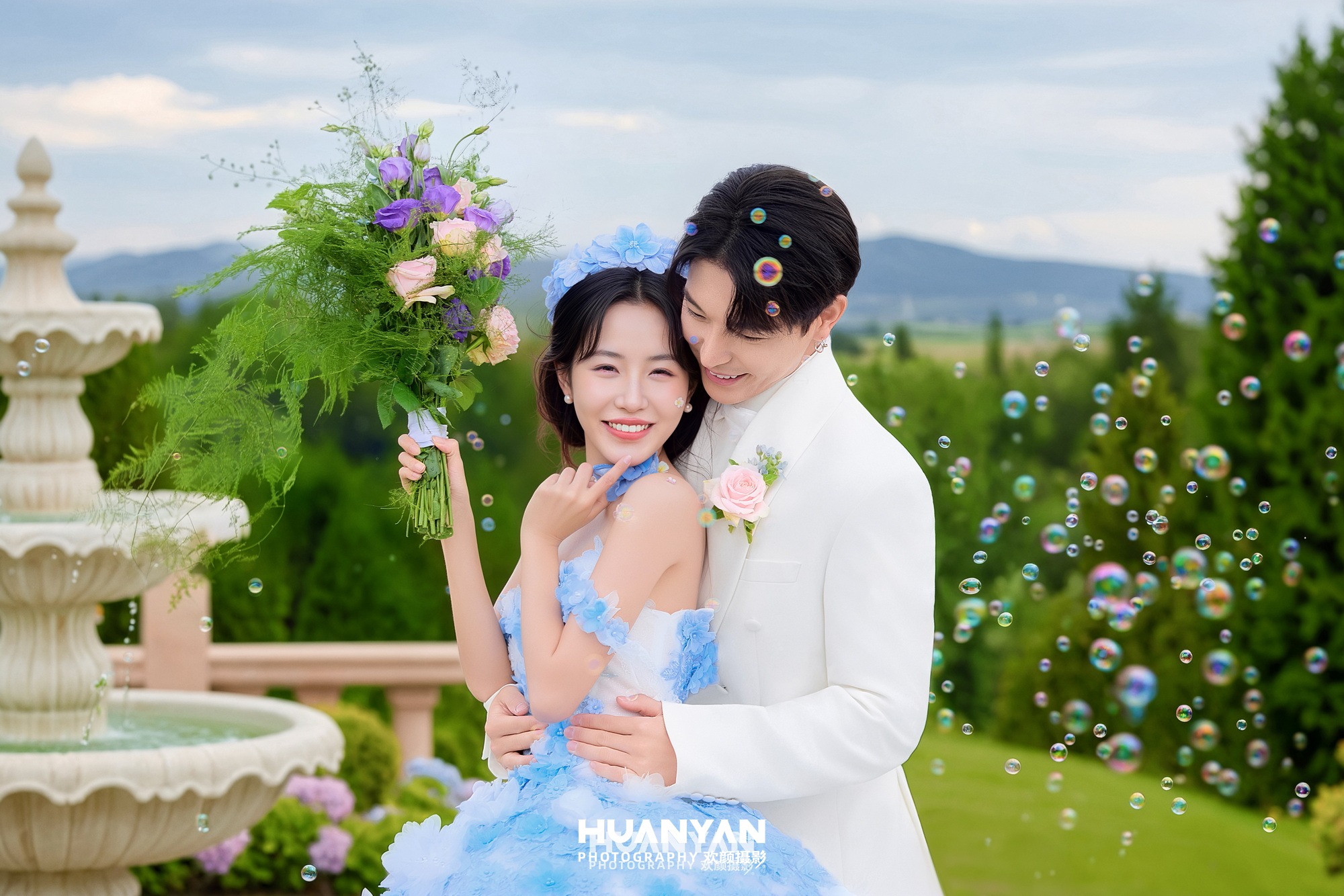 户外自然韩式温柔婚纱照实拍（许愿池畔系列）