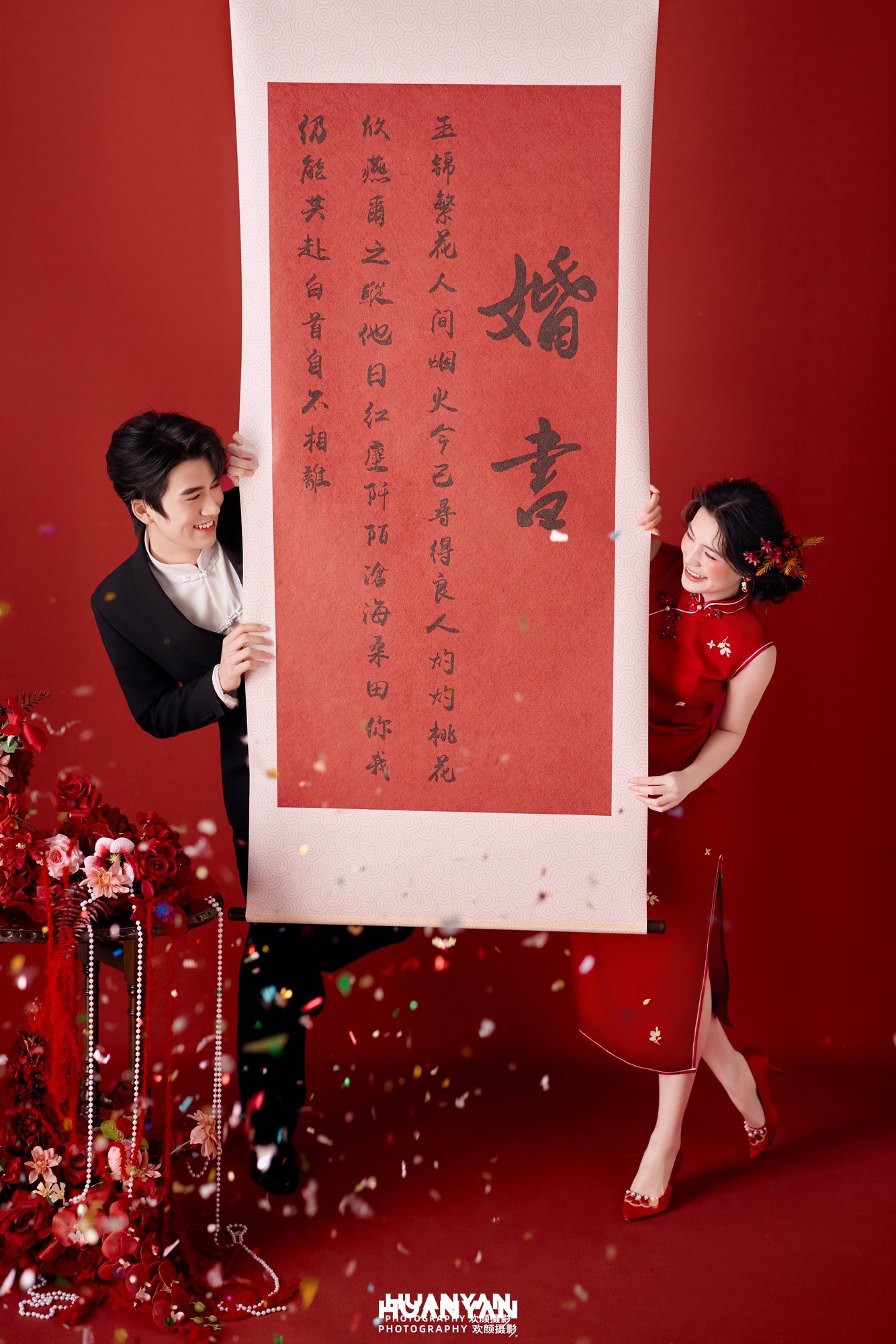 室内影棚新中式婚纱照实拍（红绸牵喜系列）